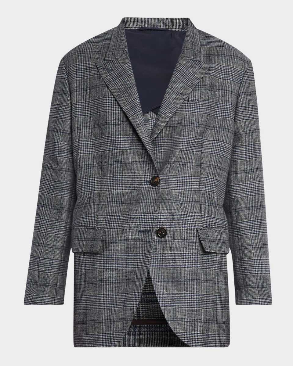 Belted Wool Prince Of Wales Single-Breasted Blazer Jacket
